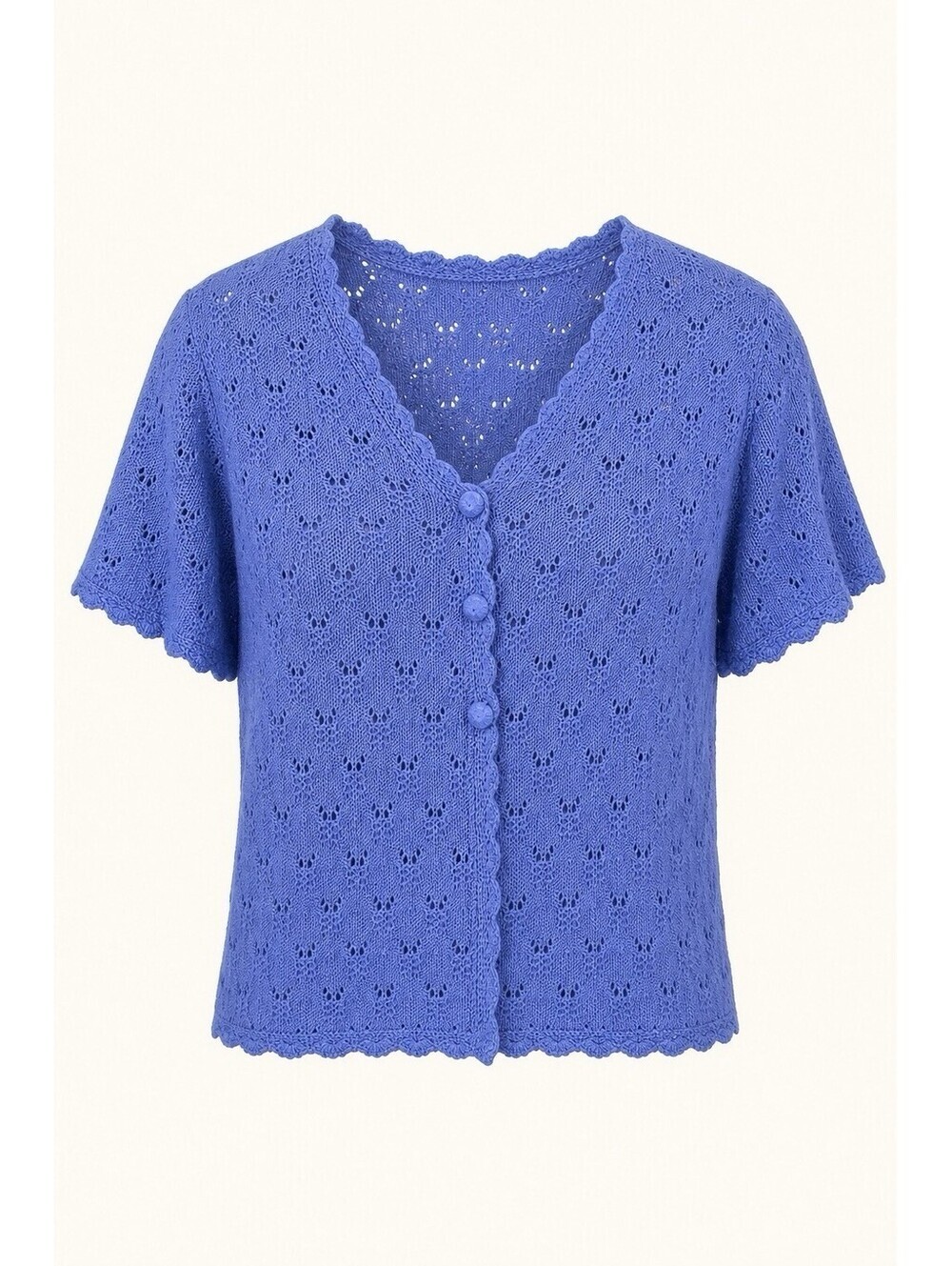 April Cornell VTG Periwinkle Purple Pointelle Knit S/S Cardigan M Scalloped Hem